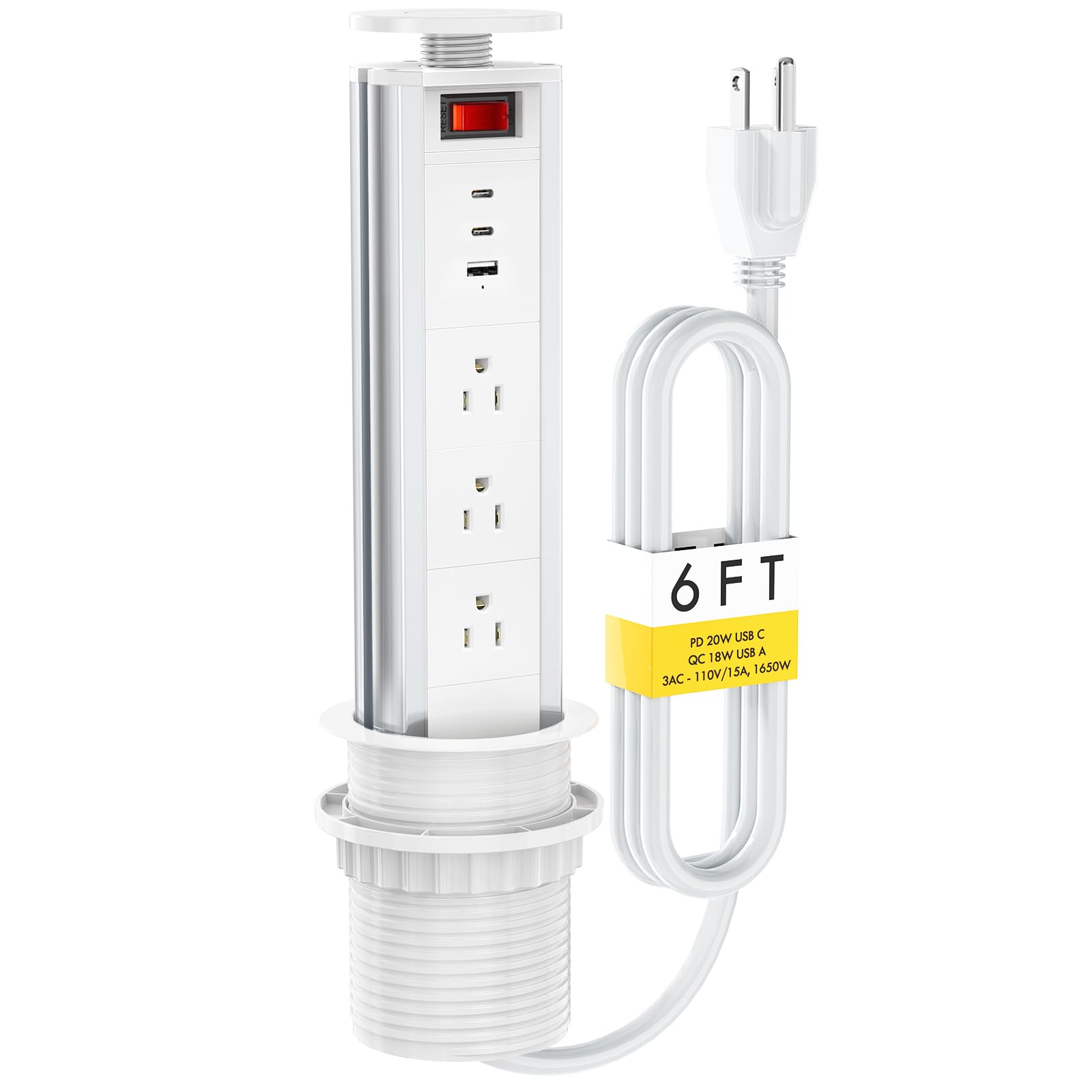 Photo 1 of (USED/FAIR) Pop Up Outlet for Countertop, Pull Pop Out Electrical Outlets with 3 AC Outlets, 2 PD 20W USB C and QC 18W USB A, Popup Desk Charging Station Power Hub for Conference Table Office Kitchen Island