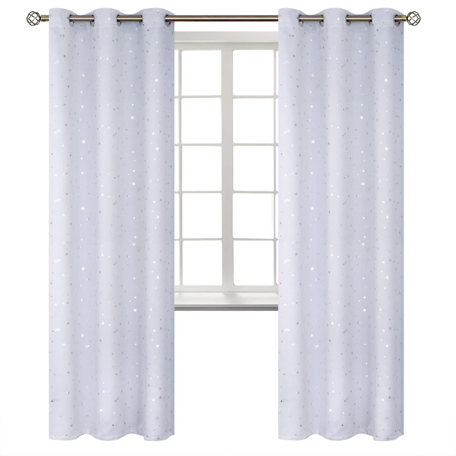 BGment Kids Room Curtains for Bedroom - Grommet Thermal Insulated Silver Star Print Room Darkening Curtains for Living Room, Set of 2 Panels, 42 x 84 Inch, Greyish White