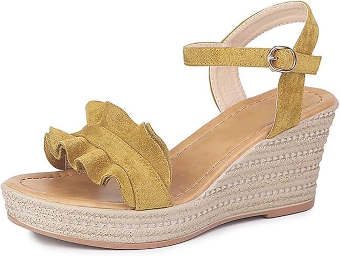 Amazon スタジオ ストラップサンダル レディース フリル ウェッジ ヒール 厚底 サンダル 疲れない 走れる ママ 女子会 大人 可愛い オープントゥサンダル 低反発クッション 黑 7 5cmヒール 歩きやすい 痛くない 旅行 サンダル ビーチサンダル スタジオ