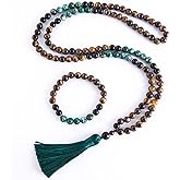Hovaete 108 Mala Prayer Beads Necklace 8mm Natural Stones Meditation Yoga Jewelry Sets 108 Hand Made Japa Mala Beaded Long Tassel Necklace with Tassel Pendant for Men and Women