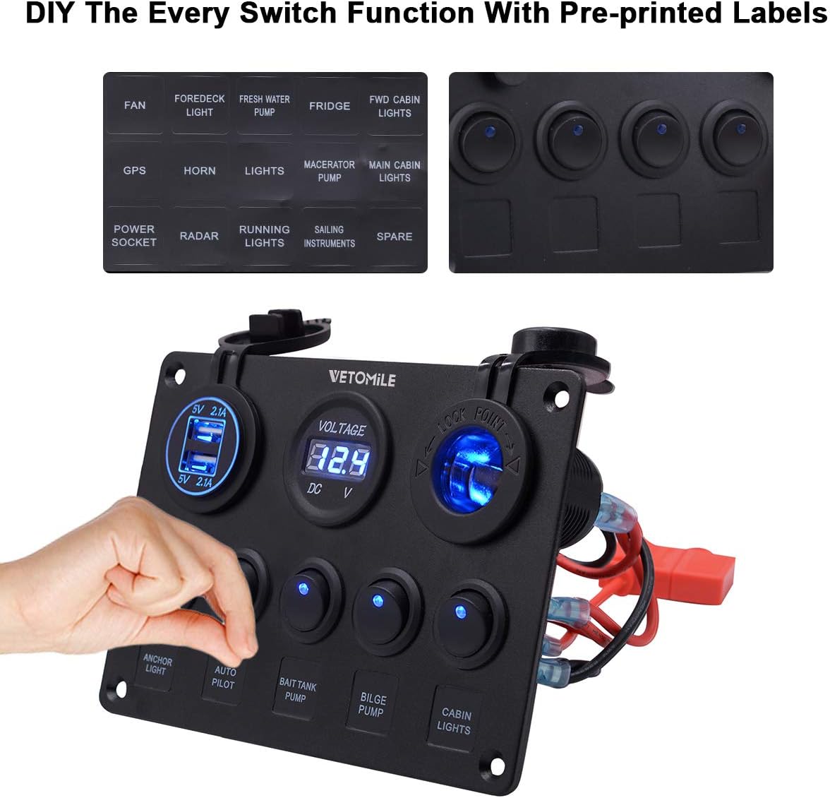 VETOMILE Boat Marin Rocker Switch Panel Waterproof 3 Pin 5 Gang Marine Fuse Digital Voltage Display Dual 5V/2.1A USB Charger Cigarette Lighter Socket 12V-24V for Car Truck: Automotive
