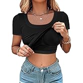 CHICME Women Built-in Bra T Shirt Top Short Sleeve Square Neck Basic Tees Casual Ribbed Knit Fitted Going Out Tops