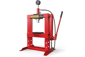 TUFFIOM 10-Ton Hydraulic Shop Press with Pressure Gauge & Press Plates, H-Frame Adjustable Working Table Height Garage Benchtop Press, Red, 23.5”L x 19.5”W x 40”H
