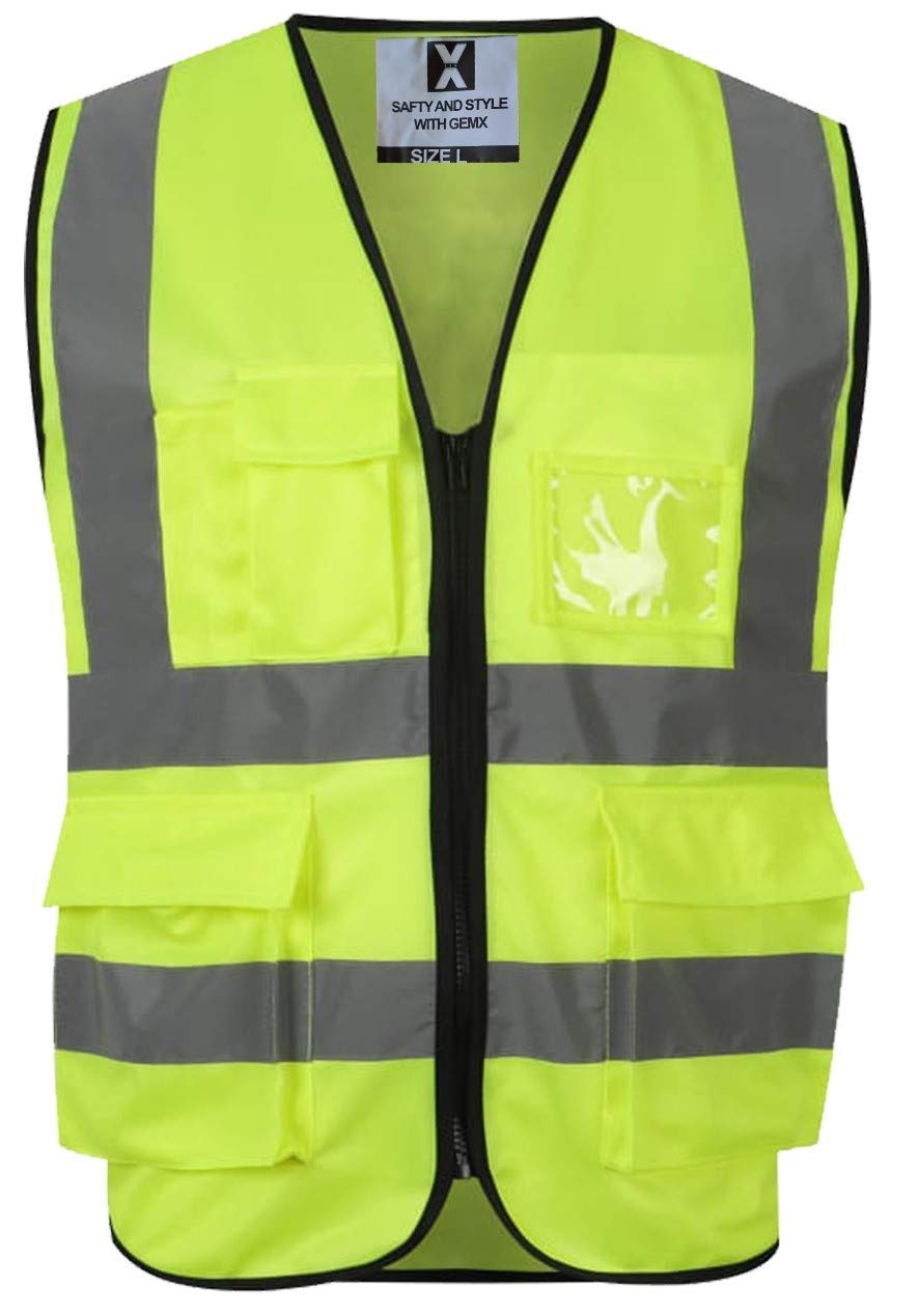 Gemx Hi Vis Vests Zipper Front for Safety & Emergencies-High Vis Vests Workwear Executive Security Waistcoat with Phone & ID Holder Pockets-Reflective High Vis Jackets for Outdoor Works (4XL, Yellow)