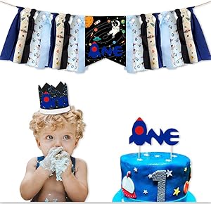 Set of 3 Outer Space 1st Birthday Party Decoration - Astronaut Galaxy High Chair Banner, First Birthday Crown, One Blast Off Cake Topper, Boy Girl Baby Photo Prop Cake Smash Favors