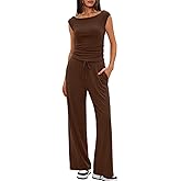 Darong Women 2 Piece Lounge Set Cap Sleeve Boat Neck Top Wide Leg Pants Set Summer Outfit Two Piece Travel Outfit