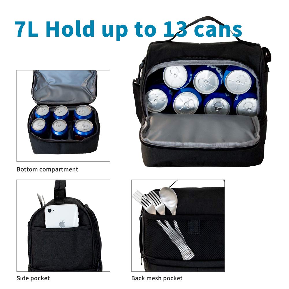 Lunch Bag Insulated Lunch Box, 2 Compartment Leakproof Cooler Tote Bag with Sturdy YKK Zippers for Men,Women,Kids, Thermal Lunch Food Bag for Office Picnic Travel School - Black