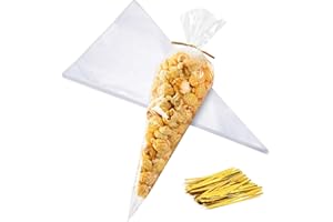 CdbC Cone Shaped Cellophane Treat Bags, 100 Pcs 7x15 inches, Clear, Disposable, Formed/Sealed, Plastic, Twist Tie, Perfect for Party Treats, Candy, Popcorn, Snack Wraps
