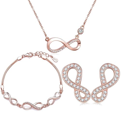 Yumilok Roségold 925 Sterling Silber Zirkonia Unendlichkeit Zeichen Charm Armband Halskette Ohrstecker Schmuck Set Armkette K