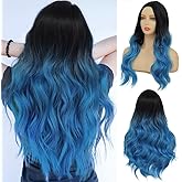 Tseses Long Curly Ombre Blue Wavy Wigs for Women Synthetic Hair Wigs Dark Roots Hair Cosplay Halloween Party Daily for Women Full Wig (Blue)