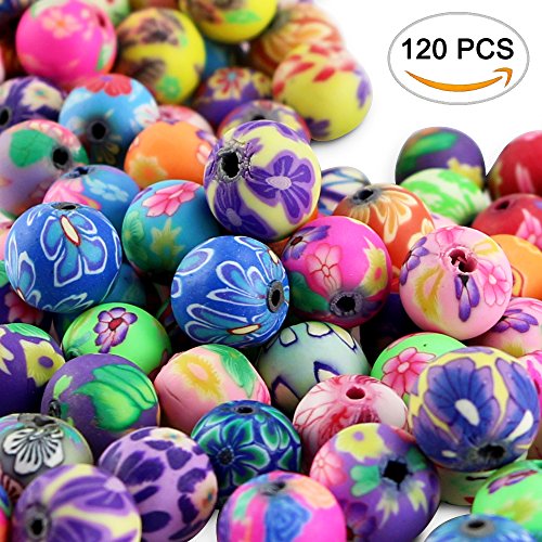 Nextnol 120pcs Fimo Polymer Clay Round Spacer Bulk Beads Handmade Colorful Pattern Beads for Jewelry Making (Assorted Color, 10mm)