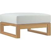 Modway Upland Teak Wood Outdoor Patio Ottoman with Cushions in Natural White