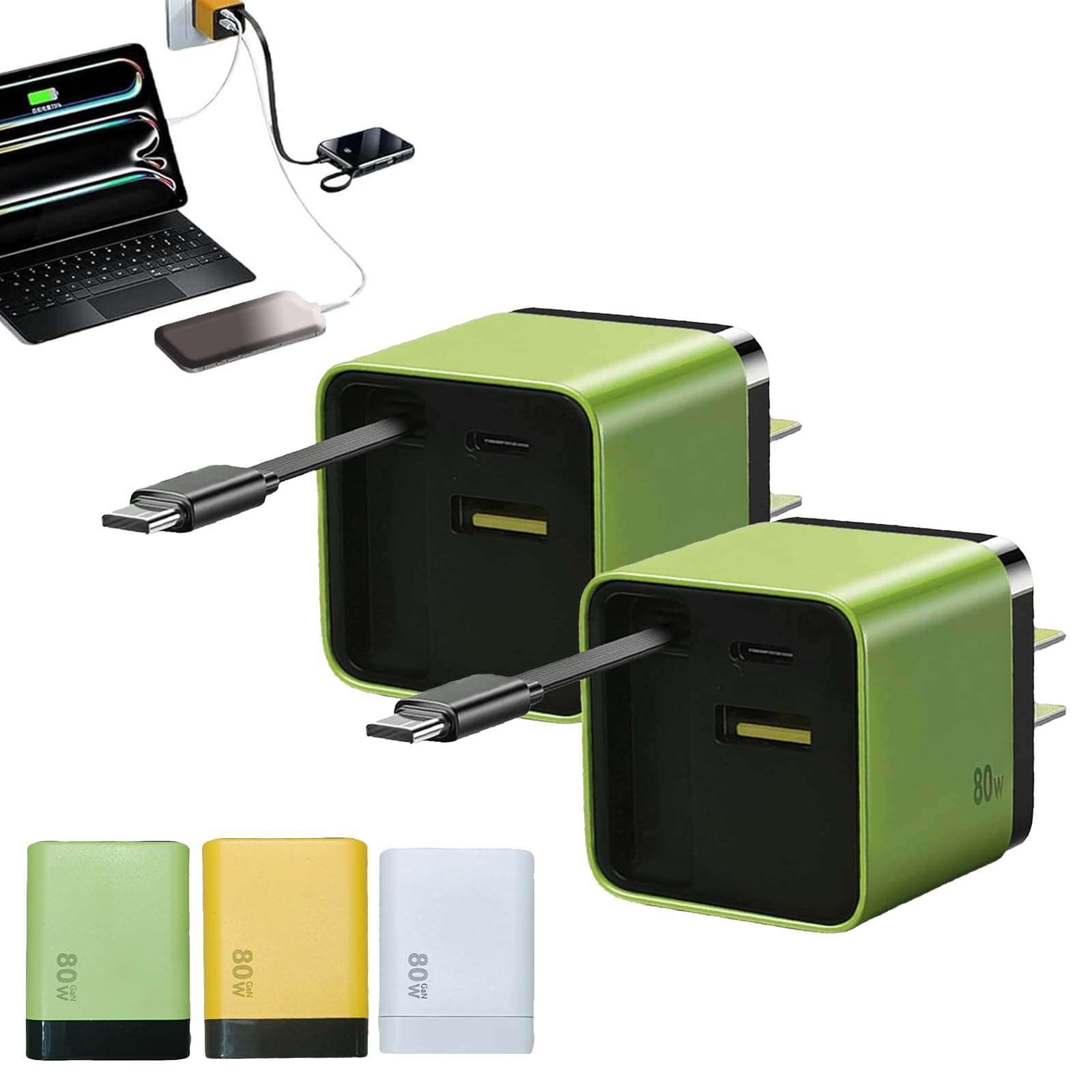 Photo 1 of 3 in 1 GaN Charger, 80 Watt All in One Charger Retractable with Type C Cable and 2 USB Ports, Torbe 80 Watt All in One Retractable Phone Wall Plug for Phone and Laptops (2-Green)