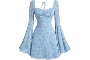 WDIRARA Women's Floral Print Mesh Gothic Dress Square Neck Bell Sleeve A Line Vintage Dresses