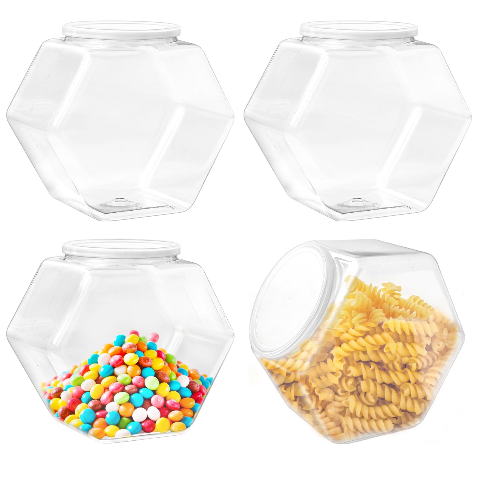 Photo 1 of Qyyiguf 4Pack Plastic Candy Jars with lids,71Oz Clear Cookie Jars,Hexagon Candy Containers for Candy Buffet,Snacks,Food,Coffee Pod,Dog Treats,Washing Powder,Kitchen Storage