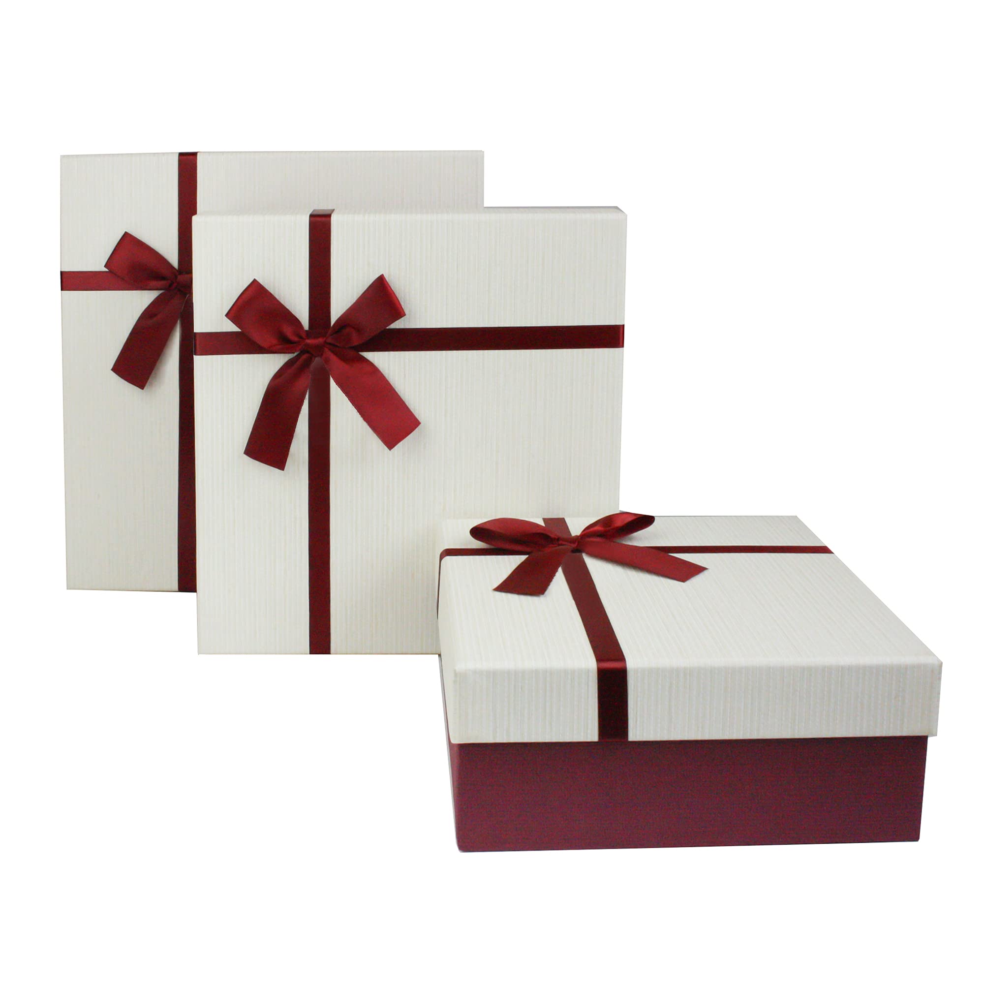 Emartbuy Burgundy/Cream Rigid Gift Box with Ribbon Set of 3 – Large, Medium, Small – Luxury Cardboard Presentation Box|Premium Packaging for Hampers, Birthdays, Weddings, Corporate Gifting