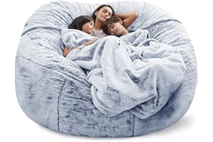 ARSFBII Giant Fur Bean Bag Chair Cover for Kids Adults, (No Filler) Living Room Furniture Big Round Soft Fluffy Faux Fur Beanbag Lazy Sofa Bed Cover (Snow Gray, 5FT)
