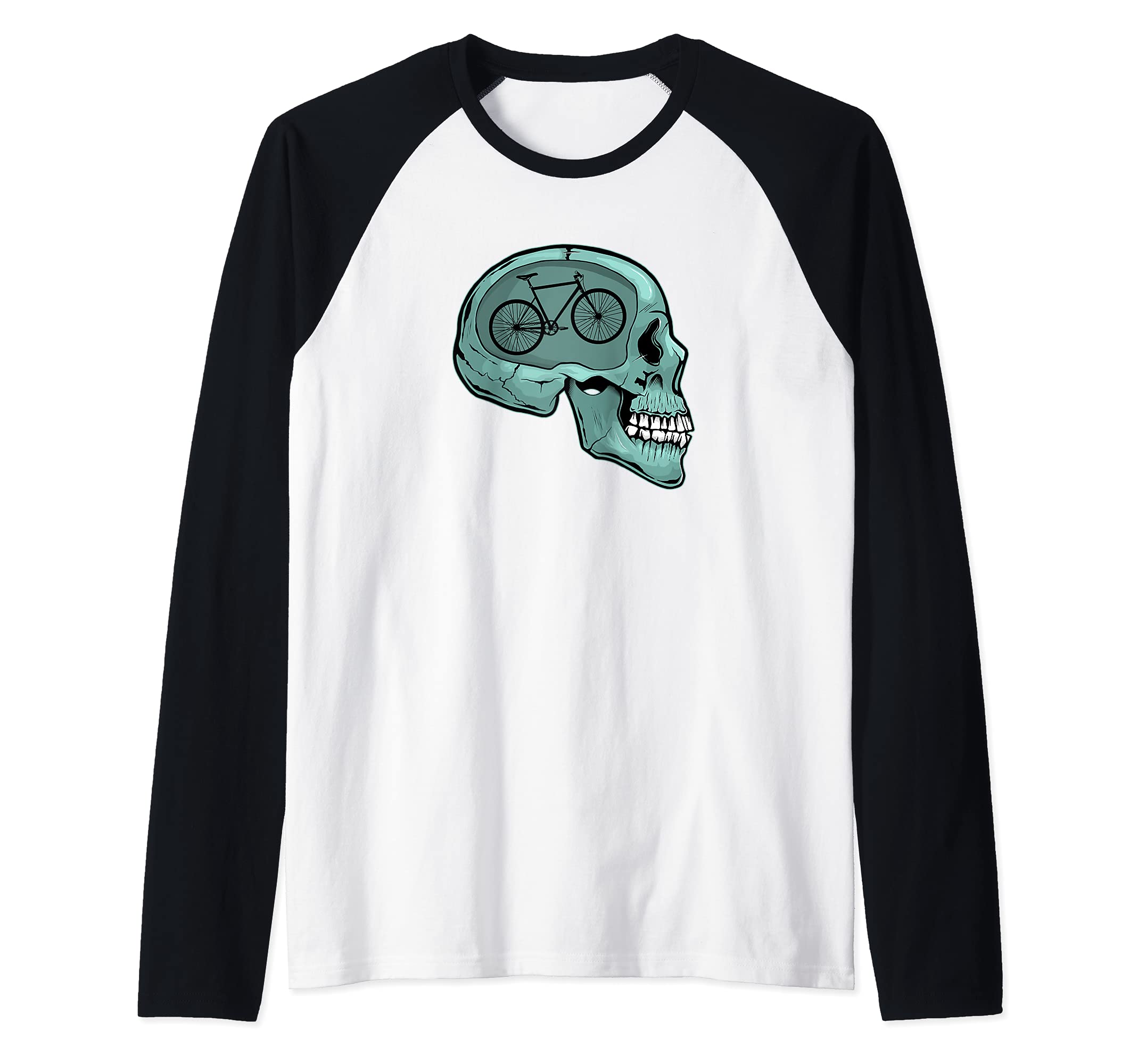 Cyclist Skull with Mountain Bike Cycling Lover MTB Graphic Raglan Baseball Tee