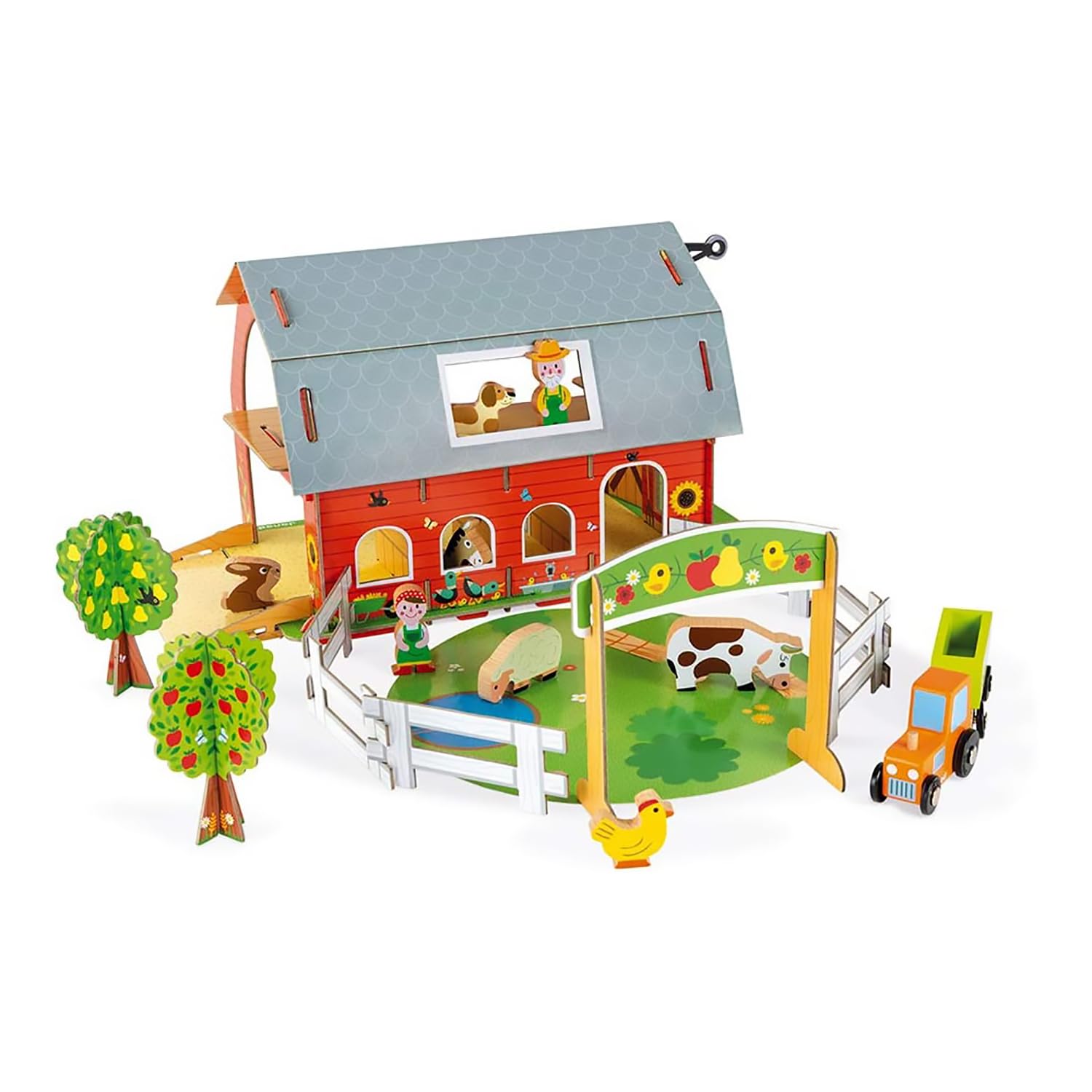 Janod - Animal Farm Story - 10 Wooden Figurines - Imagination Toy - Farm Animals with Characters and Vehicles - Compatible with Existing Rails on the Market - Ages 3 and up - J08577