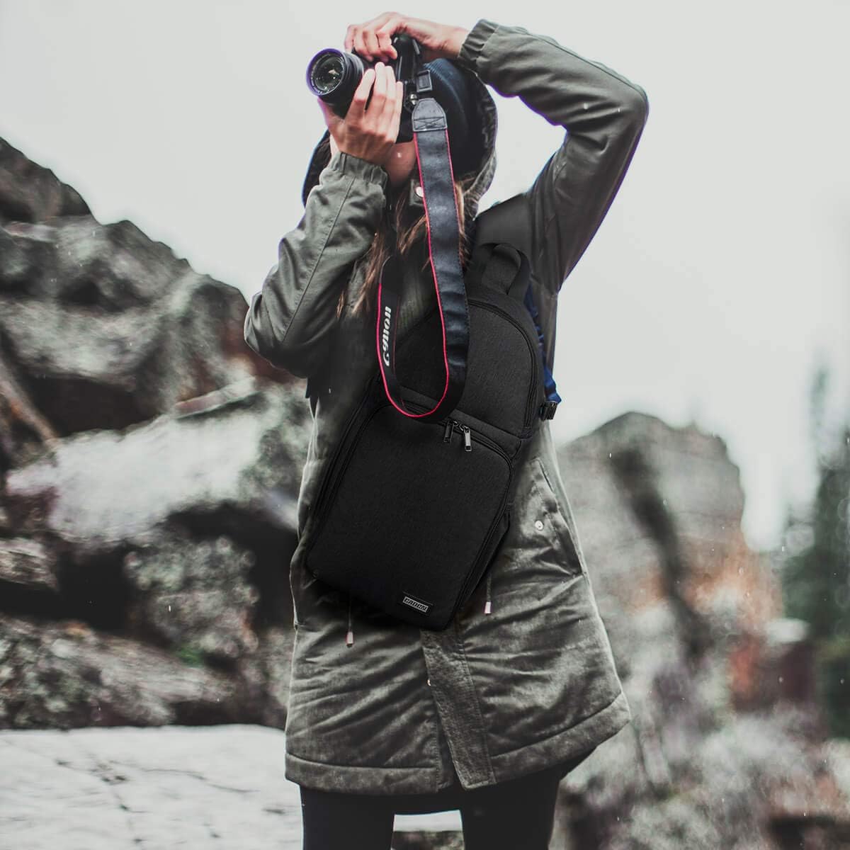 CADeN Camera Bag Sling Backpack for DSLR/SLR Mirrorless Camera Waterproof, Camera Case Compatible for Sony Canon Nikon Camera and Lens Tripod Accessories Black : Camera & Photo