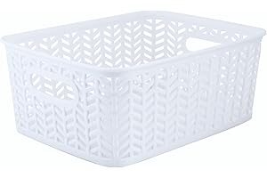 Simplify Small Herringbone Bin Storage Tote Basket Organizer Decorative, Good for Closets, Countertops, Desks, Dressers, Accessories, Cleaning Products, Sports Equipment, Toys, White