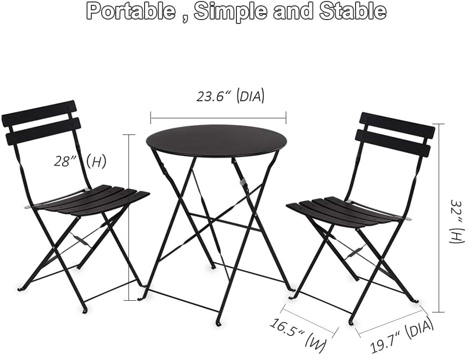 INOVIX Black Grand Premium Steel Bistro, Folding Outdoor Furniture, 3 Piece Set of Foldable Patio Table and Chairs: Home & Kitchen