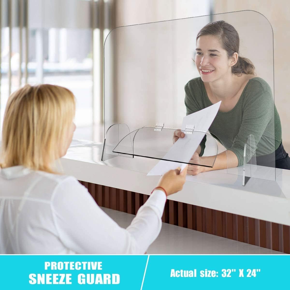 Sneeze Guard, 32" x 24" Protective Self-Standing Plexiglass Shield Scratch Resistant Barrier with Transaction 18" x 6" Window Flap for Receptionist, Checkout Counter, and Offices : Office Products