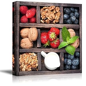 Breakfast Food in Vintage Box with Granola Nuts Berries Honey and Milk - Canvas Art Wall Art - 12" x 12"