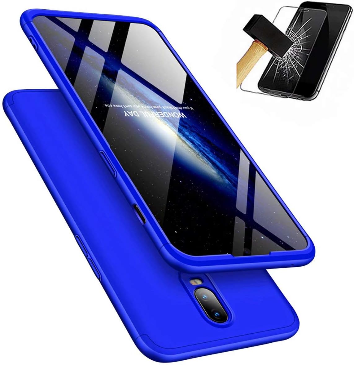 OnePlus 6T Case, Laixin 360° Full Body PC Protective Skin Cover with Tempered Glass Screen Protector Film Anti-fingerprint Shockproof Plastic Hard Phone Shell (Blue)