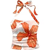 MakeMeChic Women's Floral Halter Crop Tops Tie Backless Fitted Summer Shirt Y2k Summer Tops