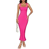 ZESICA Women's Summer Bodycon Midi Dress Sleeveless Square Neck Slim Fit Back Slit Long Cocktail Party Dresses