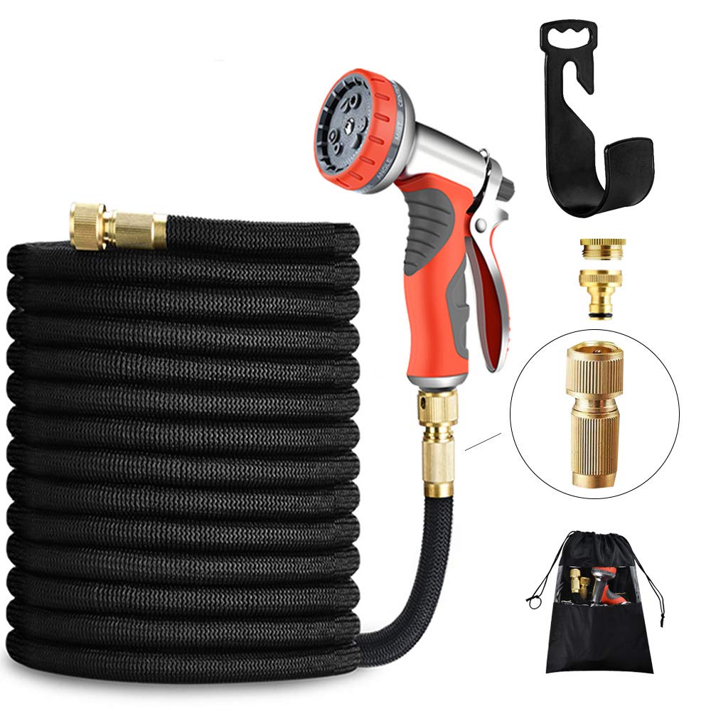 LUFENG Upgraded Expandable Hose 150FT 45M Garden Hose with Double Latex Core Hose Pipe Solid Brass Fittings 9 Function Metal Spray Gun Nozzle Wall Hanger for Gardening Car Washing Pet Bathing (150FT)