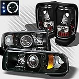 Xtune for 1994-2001 Dodge Ram 1500, 1994-2002 Ram 2500/3500 Black Halo LED Projector Headlights + Tail Lights Set Pair 1995 96