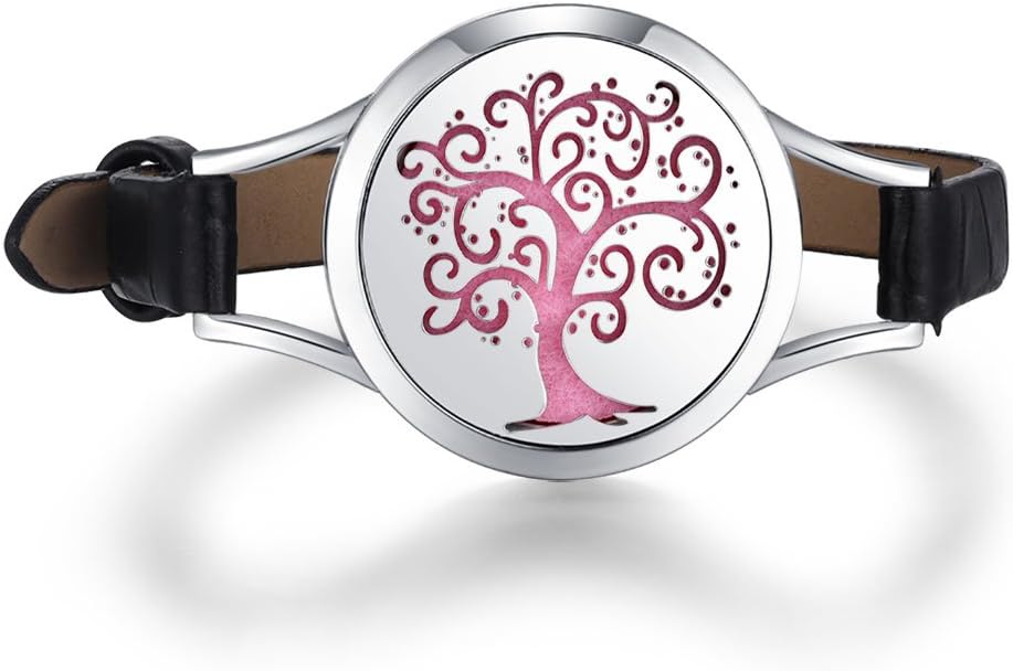 Mesinya Black Leather Wrap Essential Oil Diffuser Bracelet 316L Stainless Steel 6-7.7'' Locket Bangle