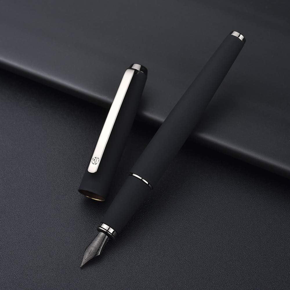 Matte Black Fountain Pen Extra Fine Nib, Warrior Series, Classic Design with Converter and Metal Gift Box by Hongdian