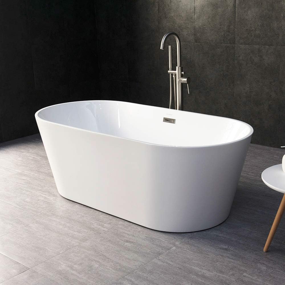 WOODBRIDGE BTA-1514 59" Acrylic Freestanding Bathtub Contemporary Soaking Tub with Brushed Nickel Overflow and Drain, B-0014 / BTA1514, White