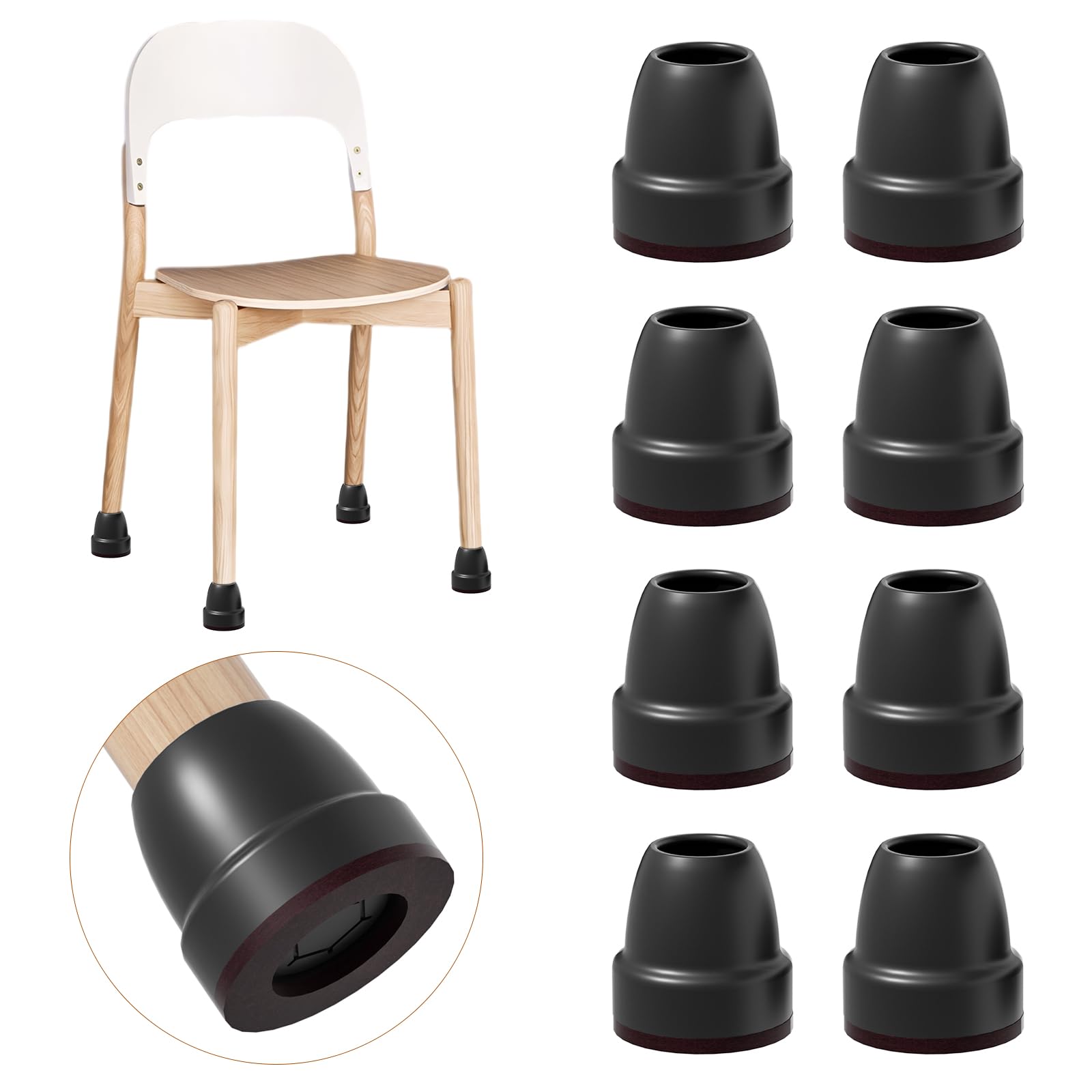 Ezprotekt Anti Skid Sliding Automatic Switching Chair Leg Covers, 16 PCS 0.75" Black Silicone Chair Leg Floor Protectors with Wrapped Felt, Furniture Rubber Chair Leg Caps, No Noise No Scratches