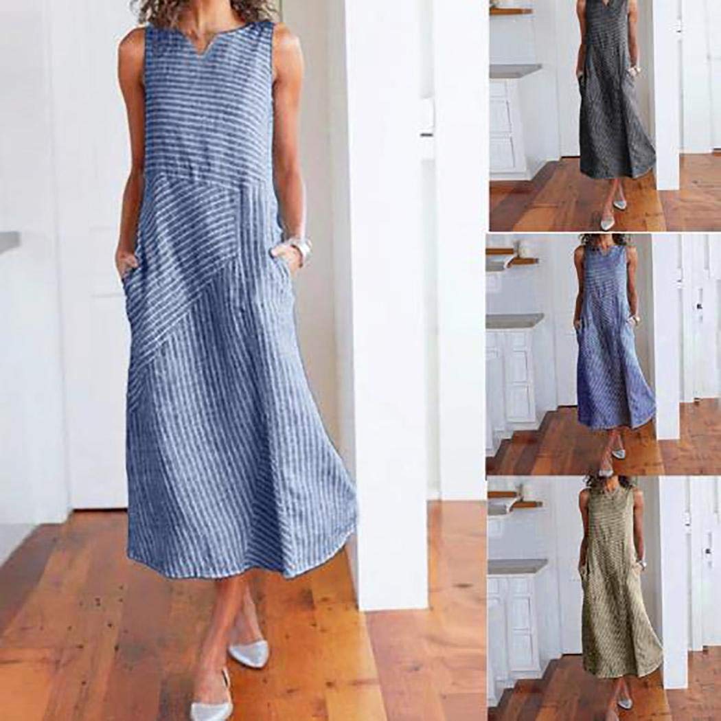 UpBeauty Women Casual Striped Sleeveless Loose Beach Long Dress with Pockets Dresses Light Blue