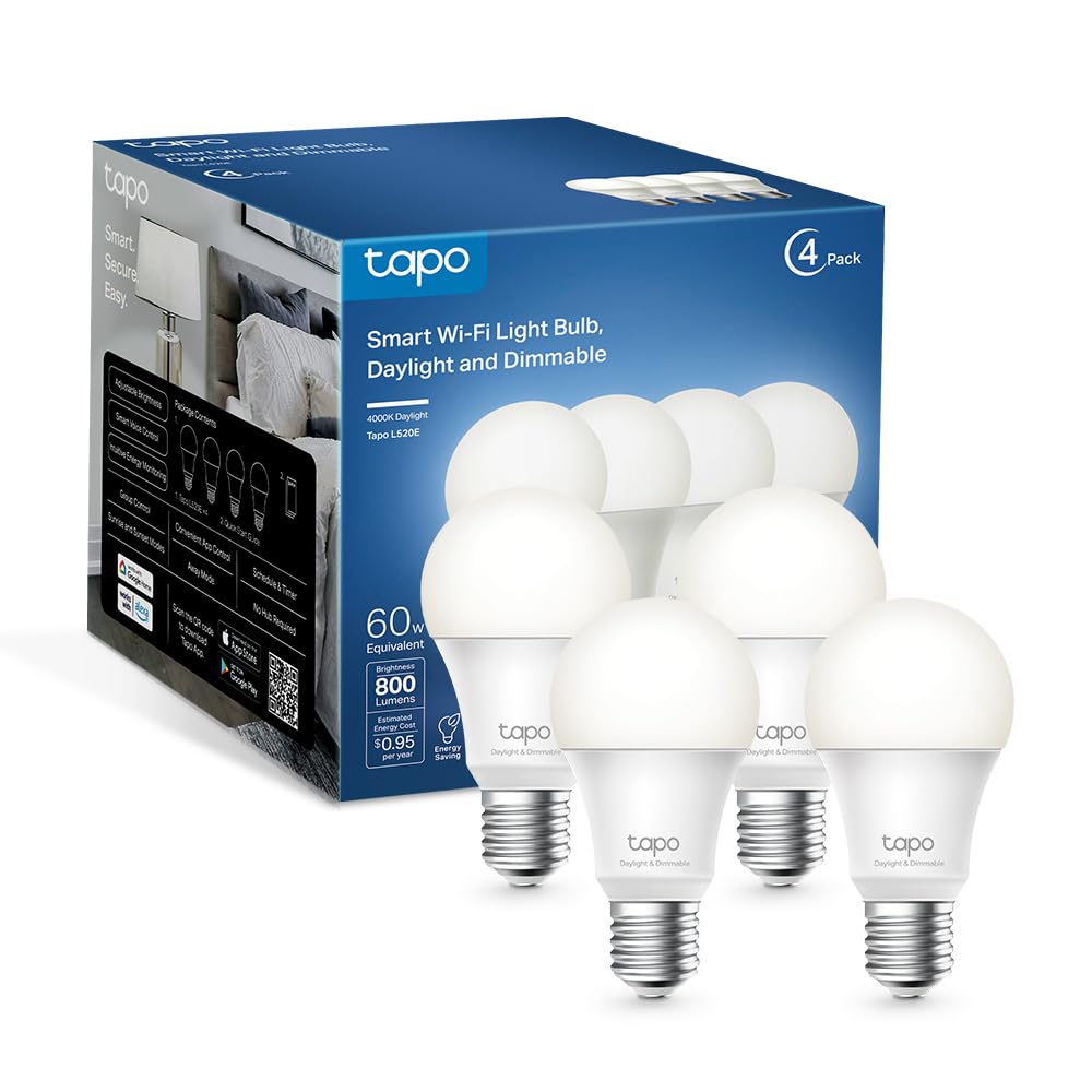 Photo 1 of Tapo TP-Link Smart Light Bulbs - Natural Daylight, Dimmable, Compatible w/Alexa and Google Home, A60 Bulb/E27 Base, 60W Equivalent, 800LM CRI>90, 2.4GHz WiFi Only, No Hub Required, L520E(4-Pack)