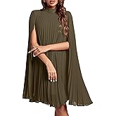 Rooscier Women's Mock Neck Cloak Sleeve Pleated Keyhole Back Flowy Party Midi Dress