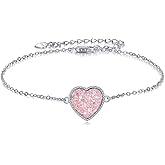 YONFQE Pink Heart Bracelet Sterling Silver Pink Crystal Link Bracelet Jewelry Gifts for Women