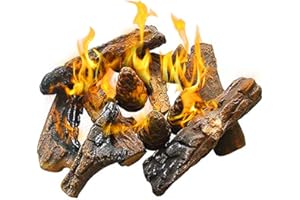 B-HOTTE 10pcs Ceramic Wood Logs, Small Gas Fireplace Logs for All Types of Indoor, Gas Inserts, Ventless & Vent Free, Ethanol, Electric, Propane or Outdoor Fireplaces & Fire Pits, Fireplace Accessories