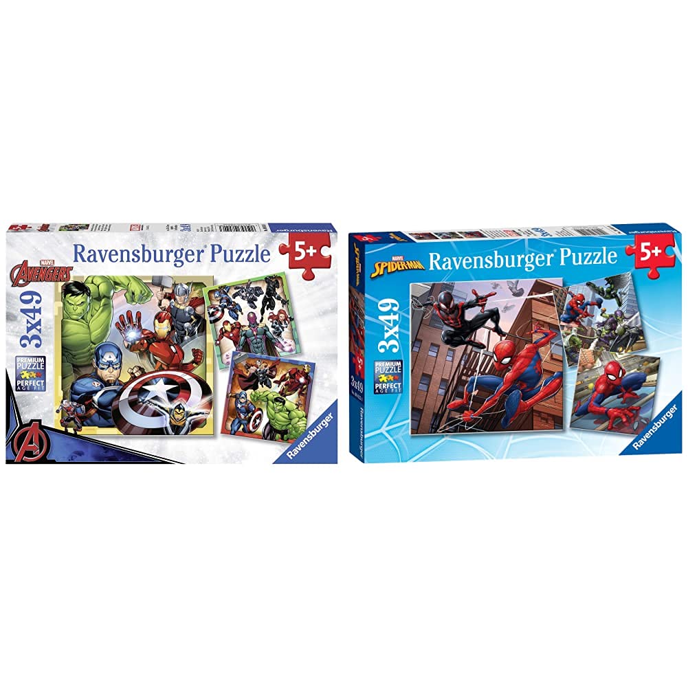 Ravensburger Marvel Avengers Assemble 3 x 49 Piece Jigsaw Puzzles for Kids Age 5 Years Up & Marvel Spiderman - 3 x 49 piece Jigsaw Puzzles for Kids age 5 years and up