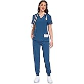 IONARD Scrubs for Women Set - V-Neck Scrub Top & Jogger Pant with 10 Pockets, 4 Way Stretch Nurse Uniform