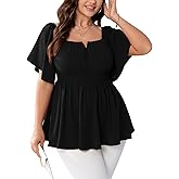 SCOMCHIC Womens Plus Size Peplum Tops Off The Shoulder Blouses Smocked Ruffle Babydoll Summer Top