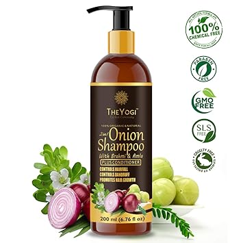 The Yogi Red Onion Shampoo for Hair Growth; Hair fall Control & Dandruff Control with Conditioner; SLS and Paraben Free, Brahmi; Amla; Methi; Argan Oil; Vitamin E and 10 Natural Extracts & Herbs 200ml