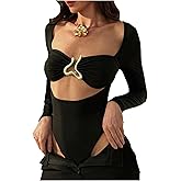 MakeMeChic Women's Long Sleeve Cut Out Metal Ring Bodysuit Going Out Leotard Tops
