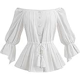 Nuoqi Renaissance Shirt Women Off Shoulder Victorian Blouse Trumpet Sleeve Pirate Top