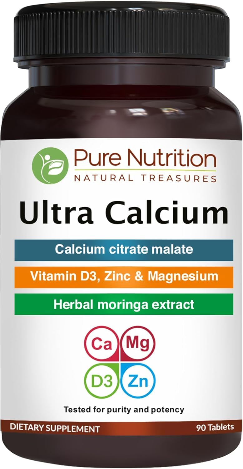 Pure Nutrition Ultra Calcium 1000mg with VIT D3 + K2 | 90 Tab | Highly absorbable Calcium Supplement with Calcium Citrate Malate, VIT D3, K2, Moringa Oleifera, Magnesium and Zinc.