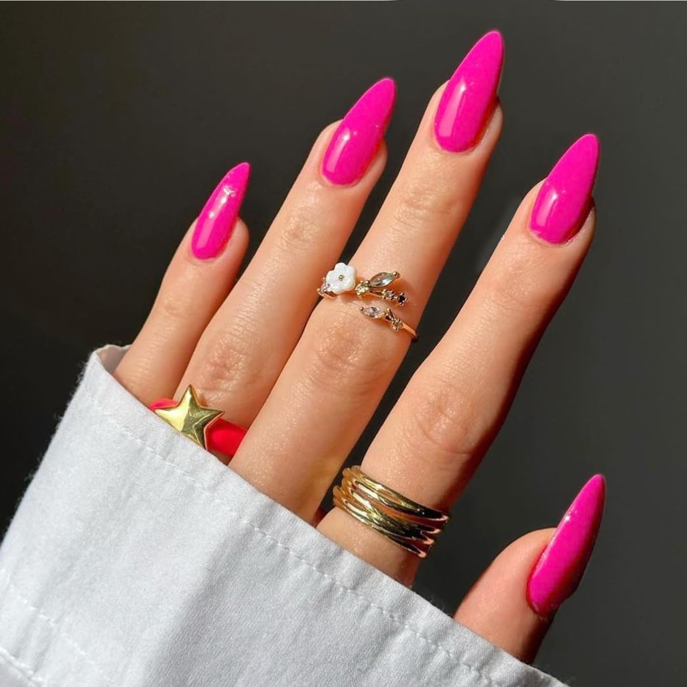 SXVME Hot Pink False Nails Almond Medium, Neon Press on Nails Almond Solid Color Full Cover Fake Nails Press on Medium Stiletto Stick on Nail for Women DIY Nail Art 24 Pcs